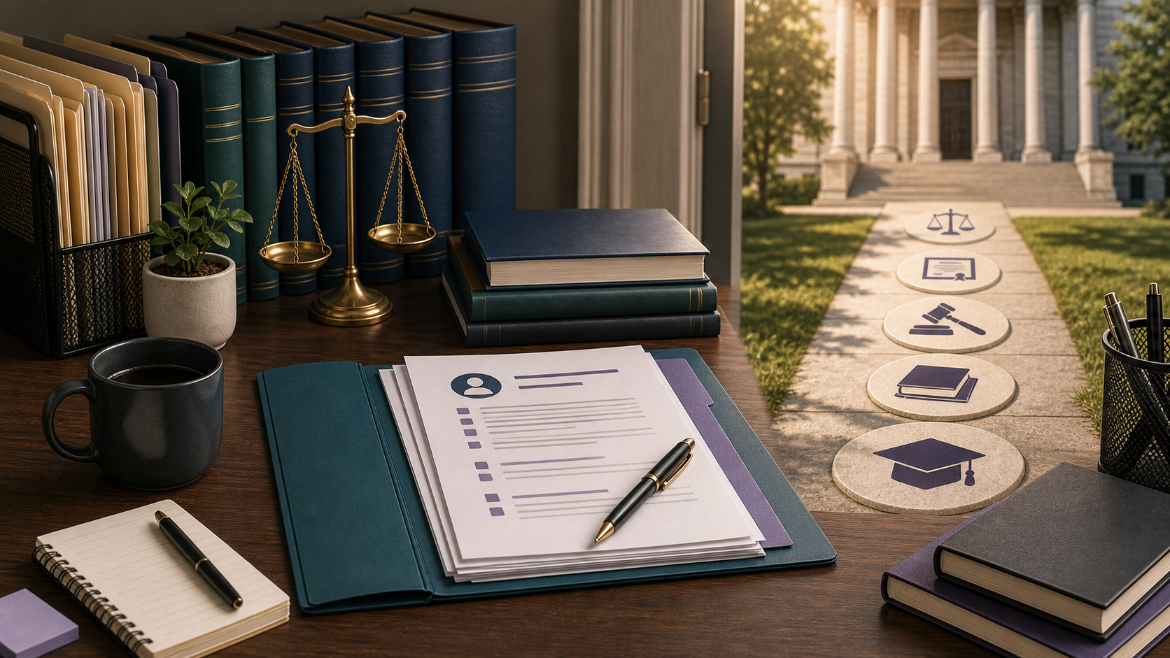 Paralegal desk, law school application, and bar admission path illustration for becoming a lawyer.