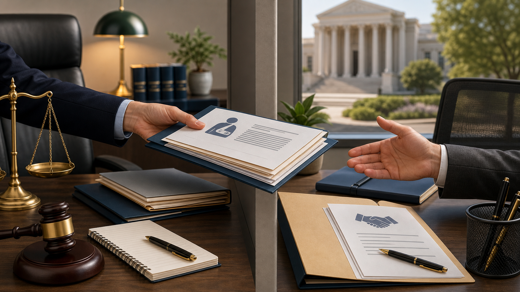 Client file transfer, fee agreement, and injury case folder illustration for firing a personal injury lawyer.