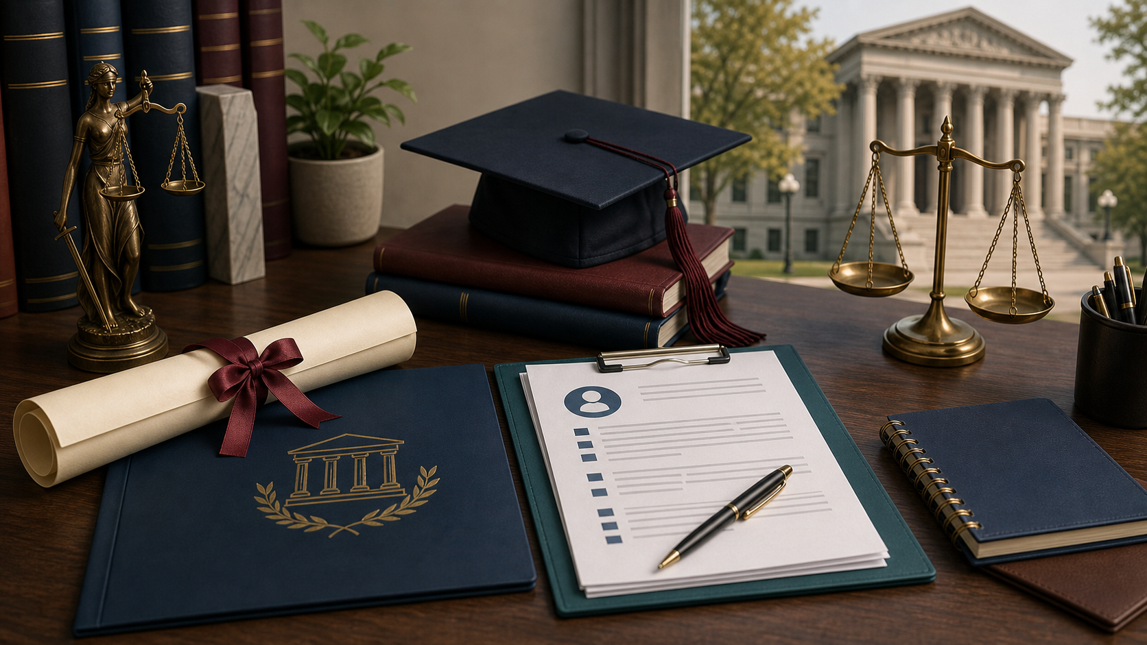 Criminal justice diploma, law school application, and courthouse illustration for becoming a lawyer.