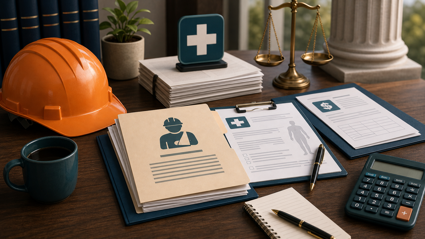 Hard hat, medical form, and workers' compensation claim folder illustration for a workers' comp lawyer guide.
