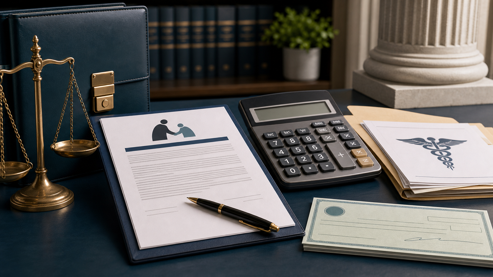 Contingency fee agreement, calculator, and medical bill folder illustration for personal injury lawyer cost.