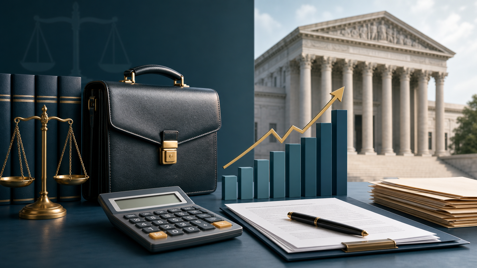 Salary chart, calculator, briefcase, and courthouse illustration for a personal injury lawyer earnings guide.