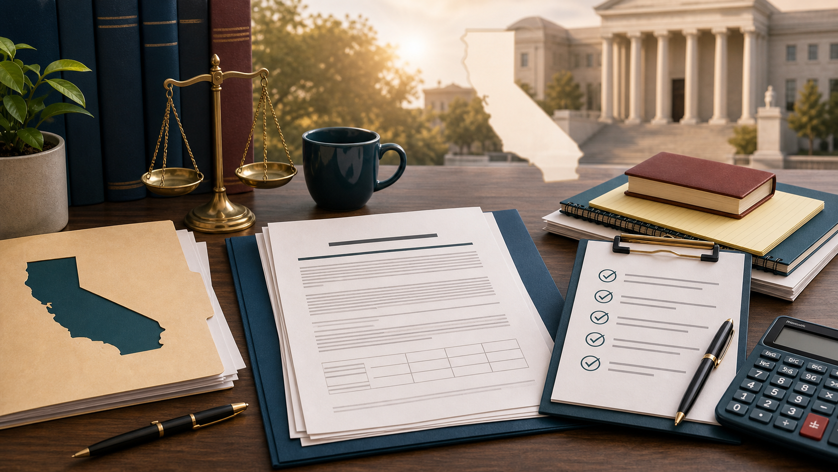 California courthouse silhouette, bankruptcy forms, and checklist illustration for filing bankruptcy without a lawyer.