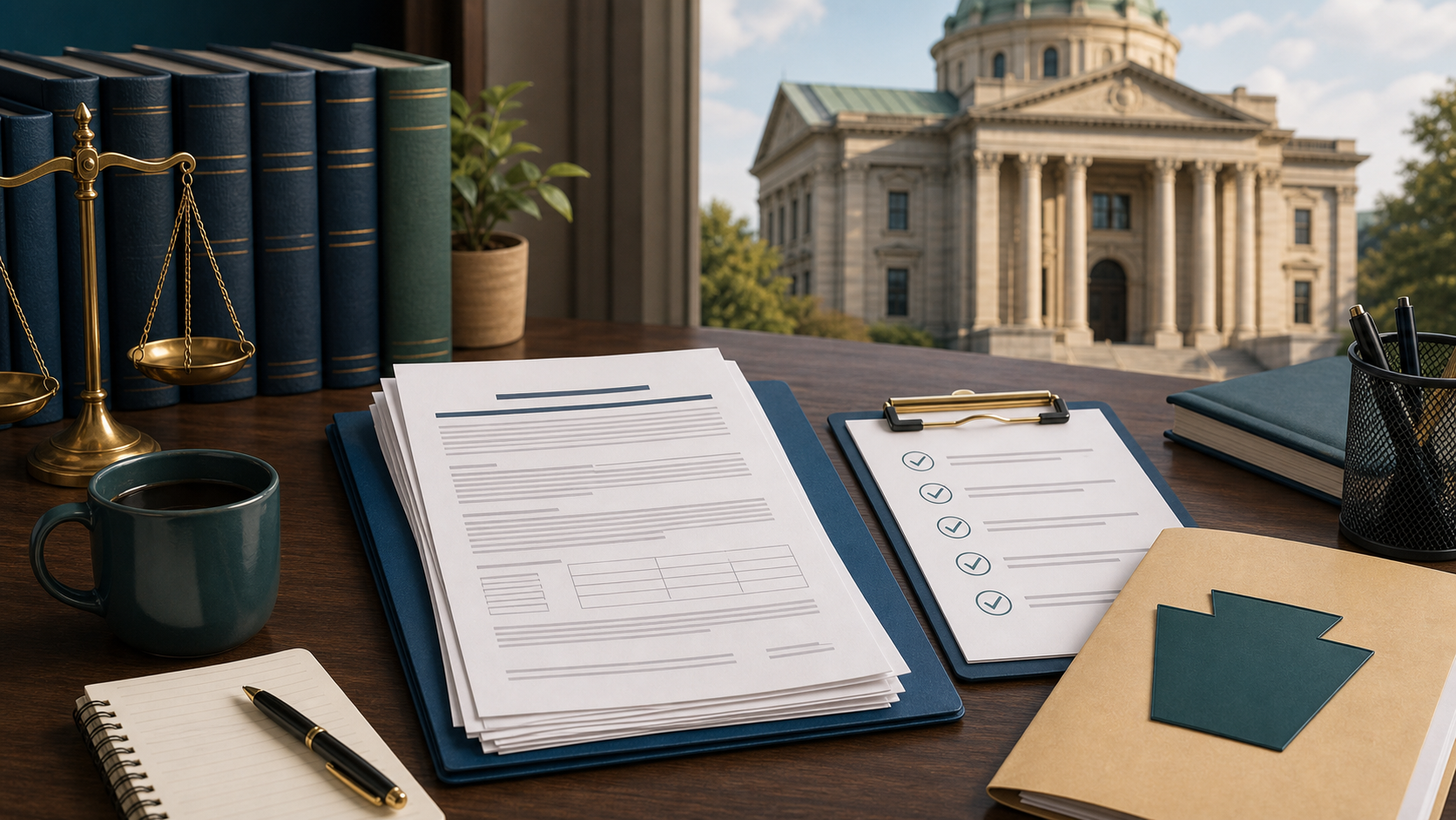 Pennsylvania courthouse, bankruptcy petition, and checklist illustration for filing bankruptcy without a lawyer.