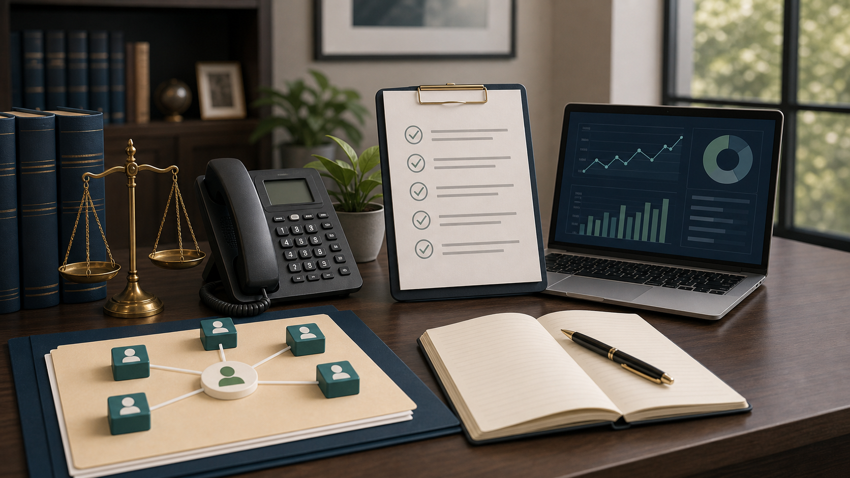 Attorney desk, ethical marketing checklist, phone intake, and referral network illustration for getting more legal clients.