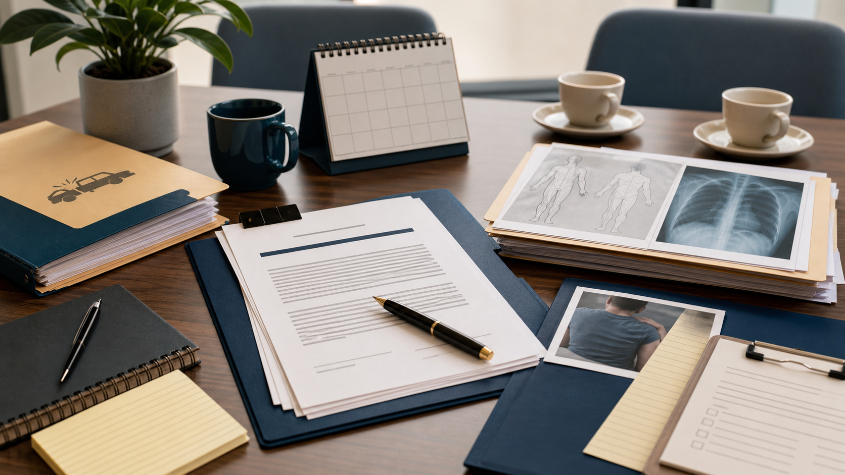 Demand letter, medical records, and insurance file illustration for negotiating pain and suffering without a lawyer.