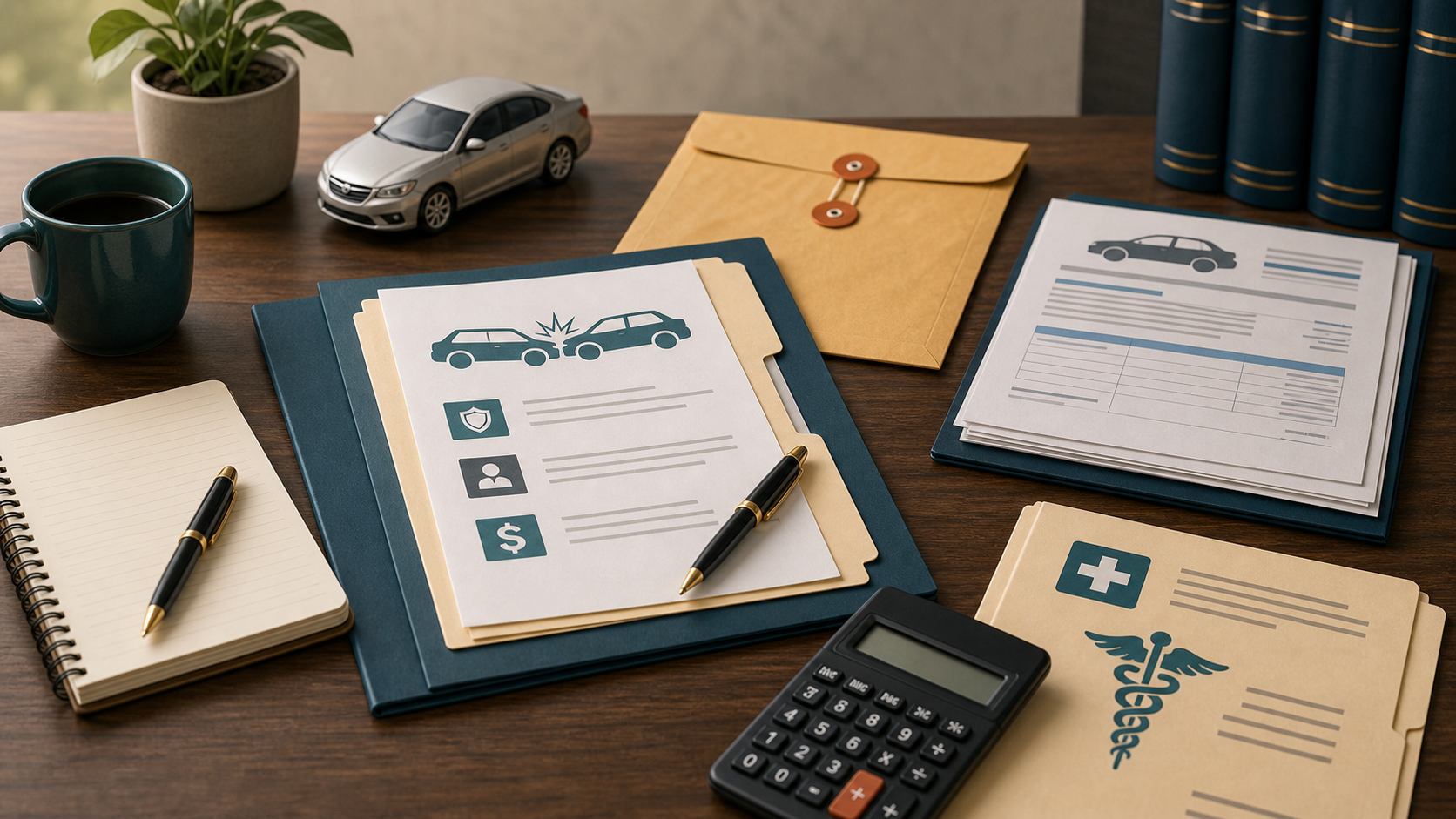 Car accident claim file, insurance envelope, and settlement notes illustration for settling a crash claim without a lawyer.