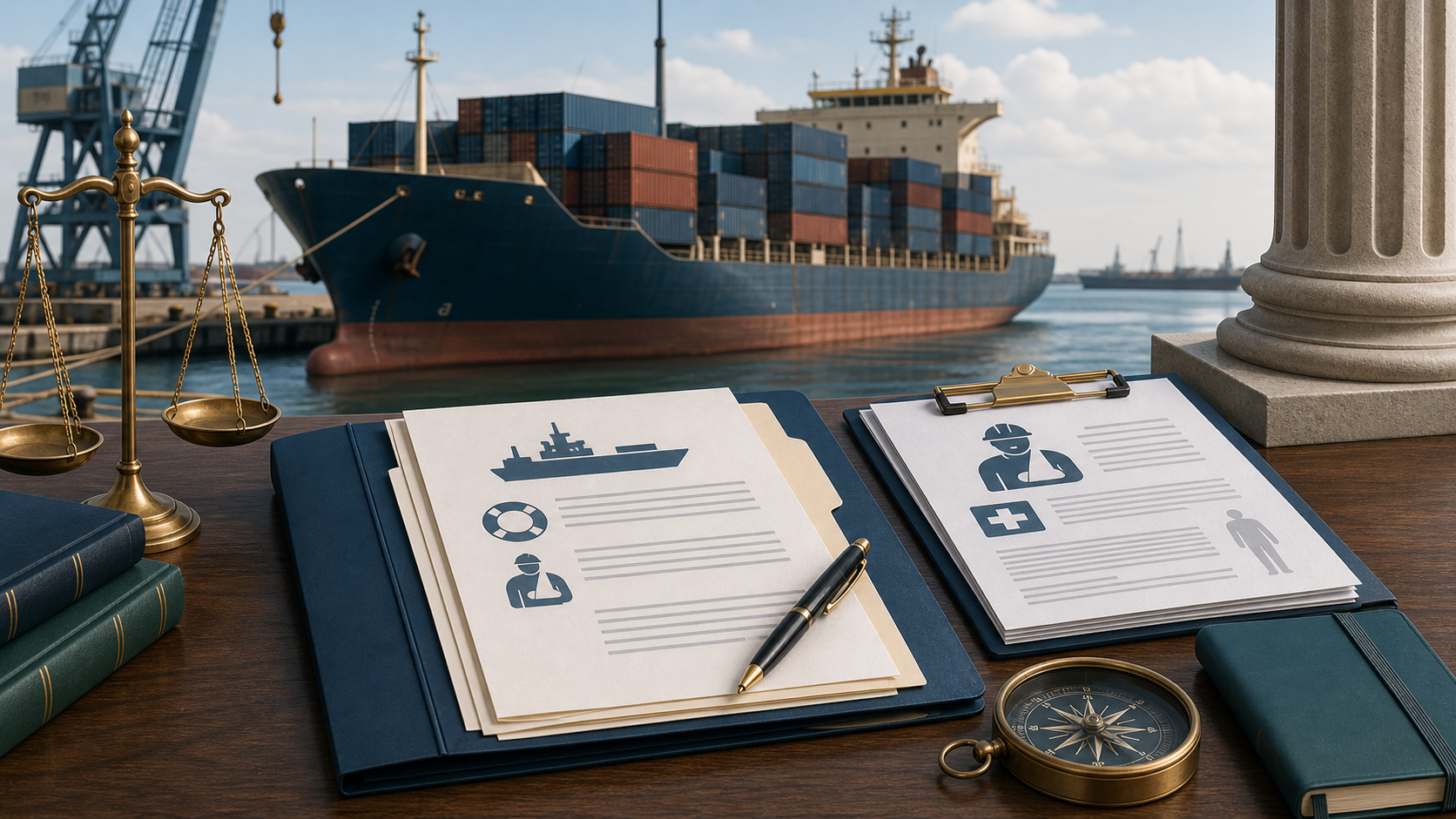 Cargo ship, dock, legal file, and maritime injury documents illustration for a maritime lawyer guide.