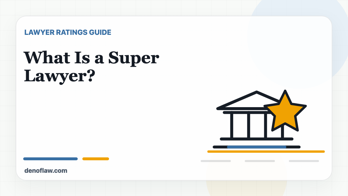 Attorney rating badge, courthouse, and checklist illustration explaining what a Super Lawyer is.
