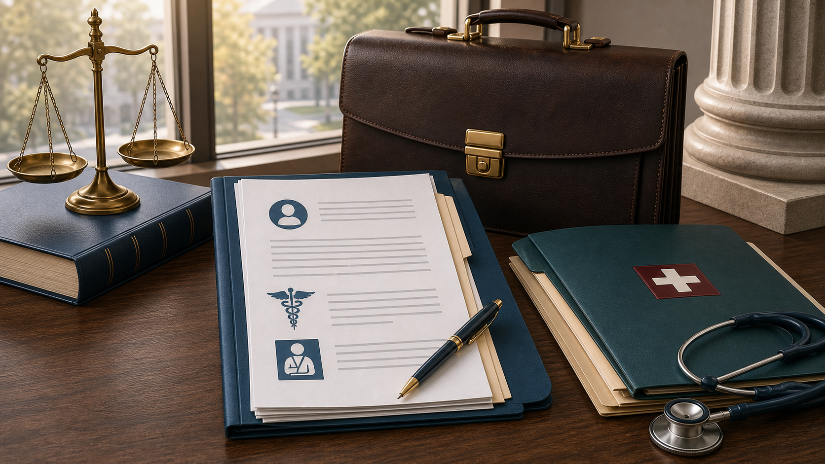 Injury claim file, medical document, and attorney briefcase illustration explaining personal injury lawyers.