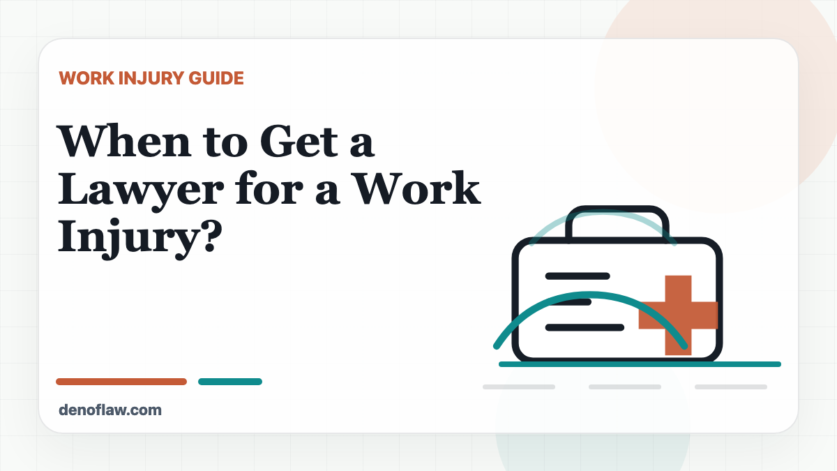 Workers' compensation claim form, medical cross, and hard hat illustration for a work injury lawyer guide.