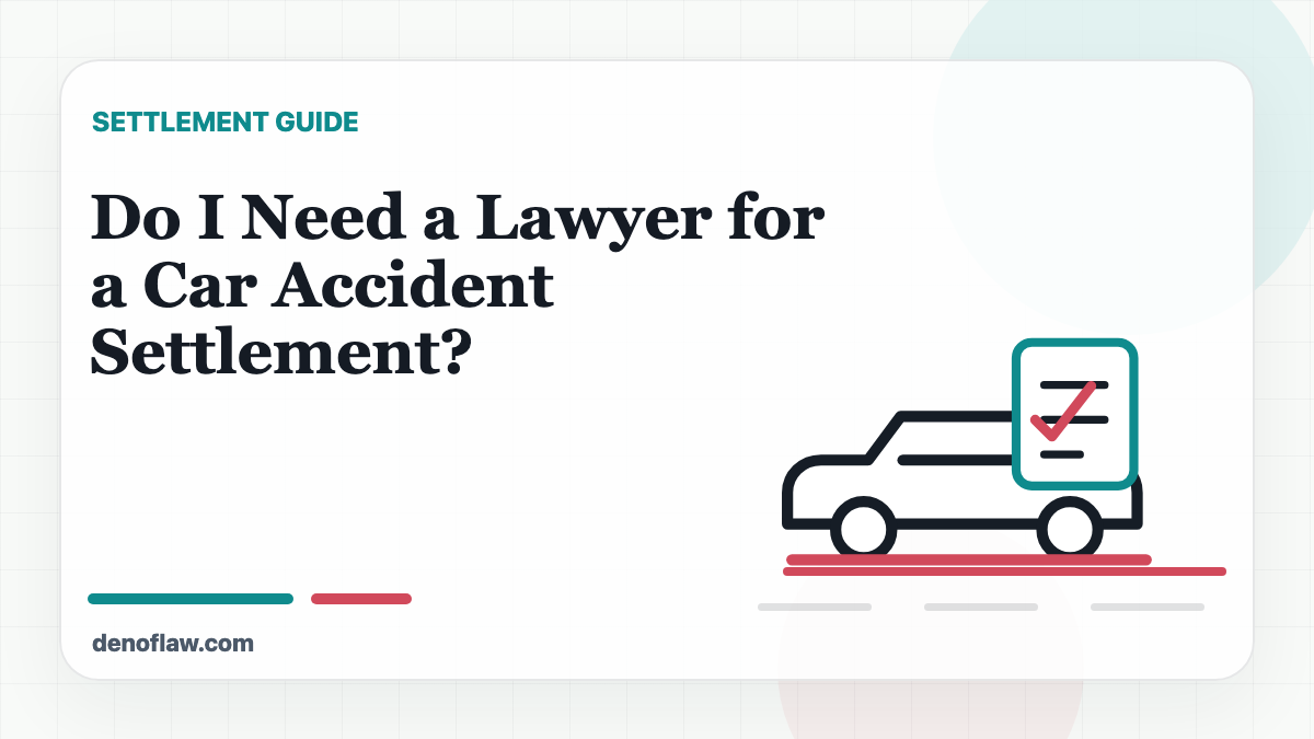 Car accident settlement document, check, and legal review illustration.
