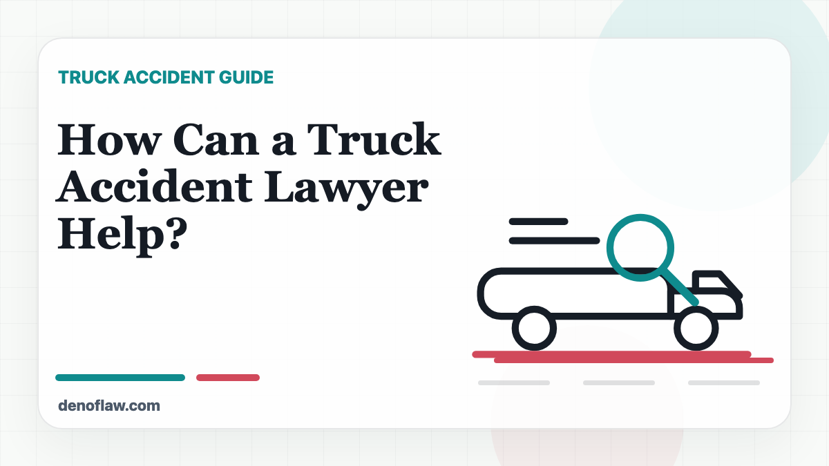 Commercial truck, magnifying glass, and legal file illustration for how a truck accident lawyer helps.