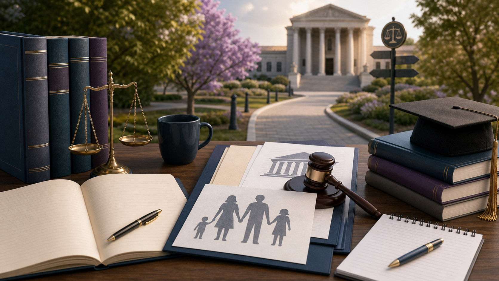 Law student, family court documents, and courthouse path illustration for becoming a family lawyer.