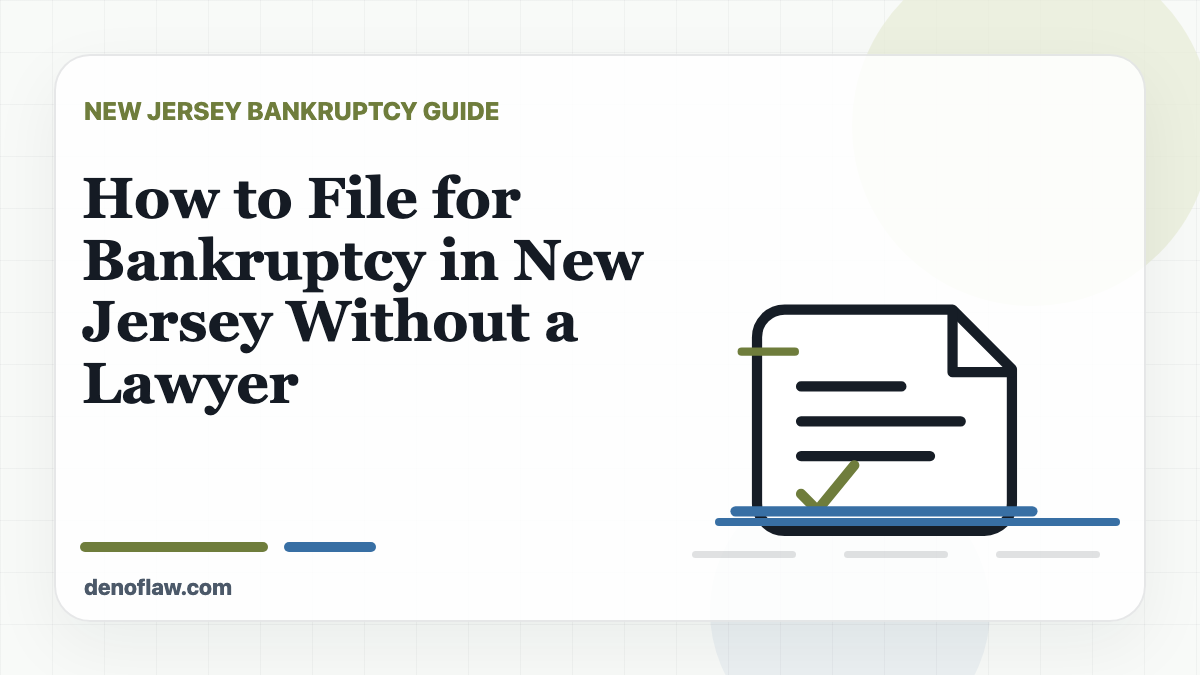 New Jersey courthouse, bankruptcy forms, and checklist illustration for filing bankruptcy without a lawyer.