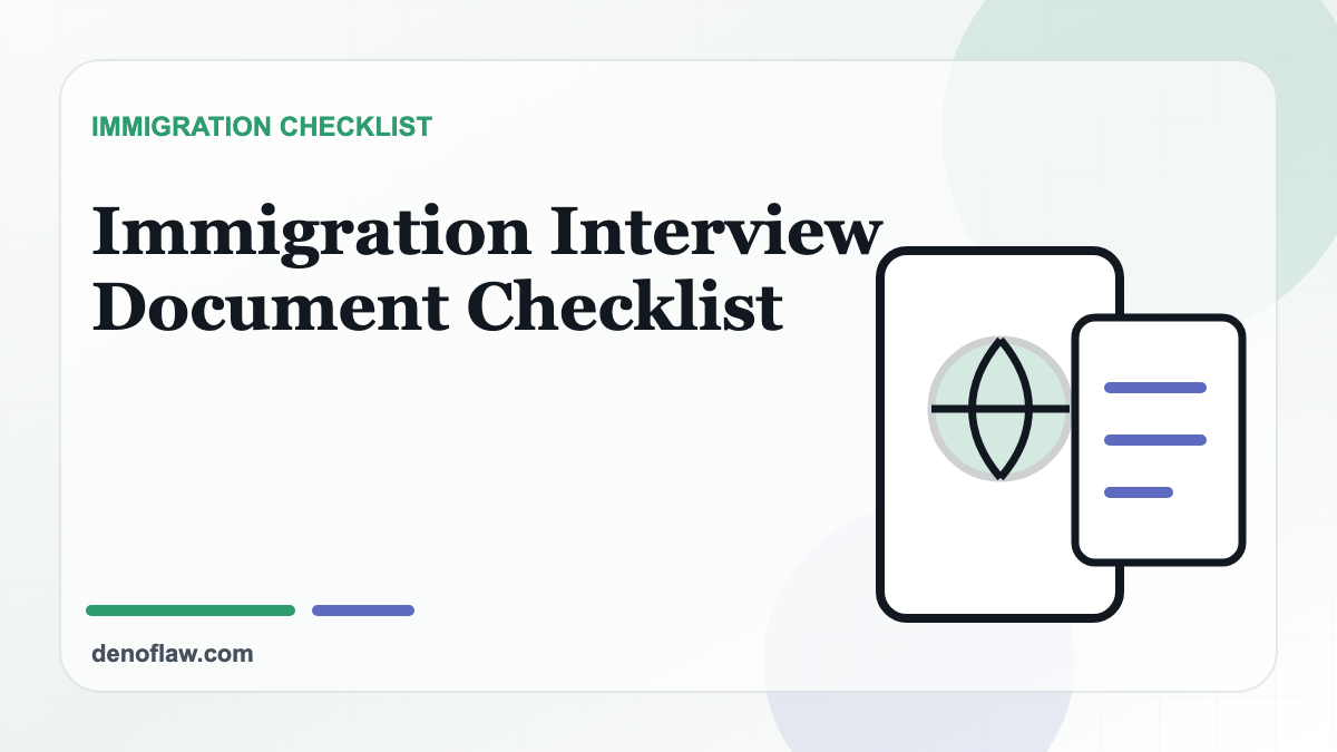 Passport and checklist illustration for an immigration interview document guide.