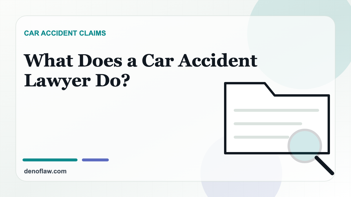 Case folder and magnifying glass illustration for a car accident lawyer guide.