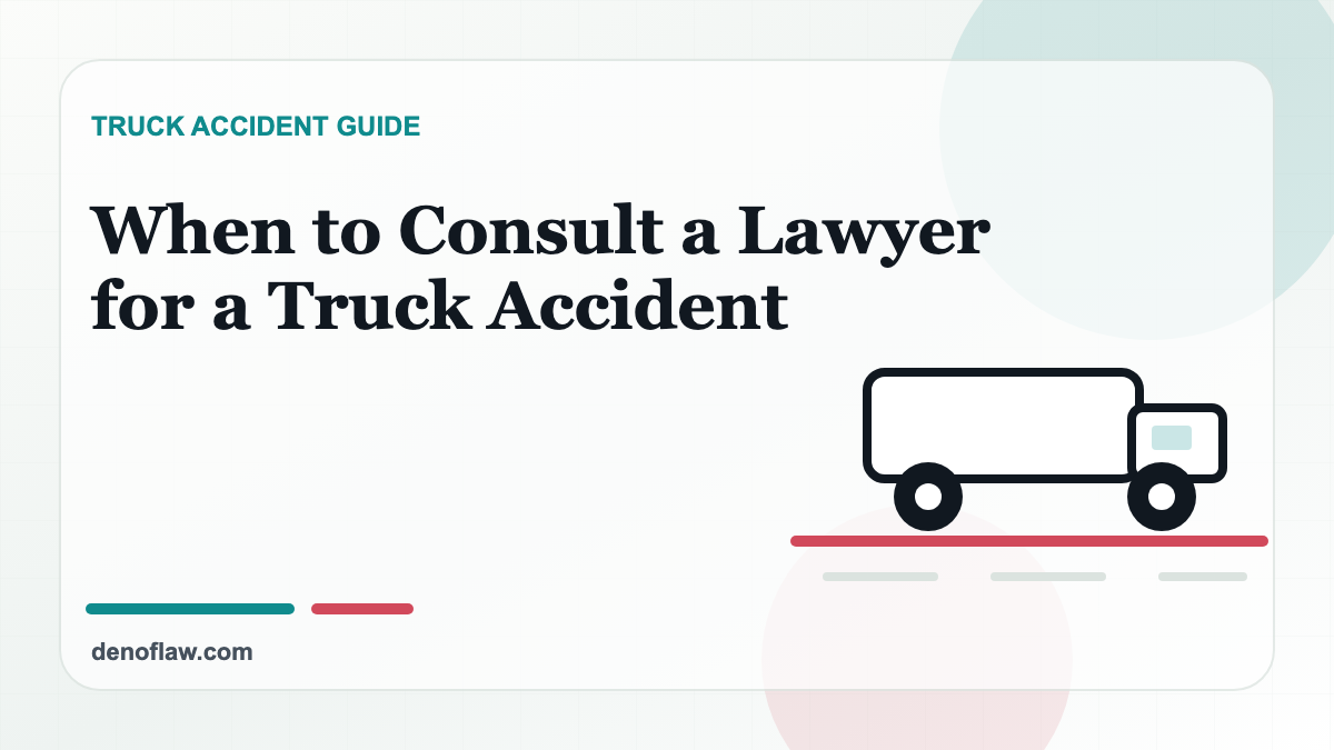 Commercial truck illustration beside legal research elements for a truck accident claim guide.