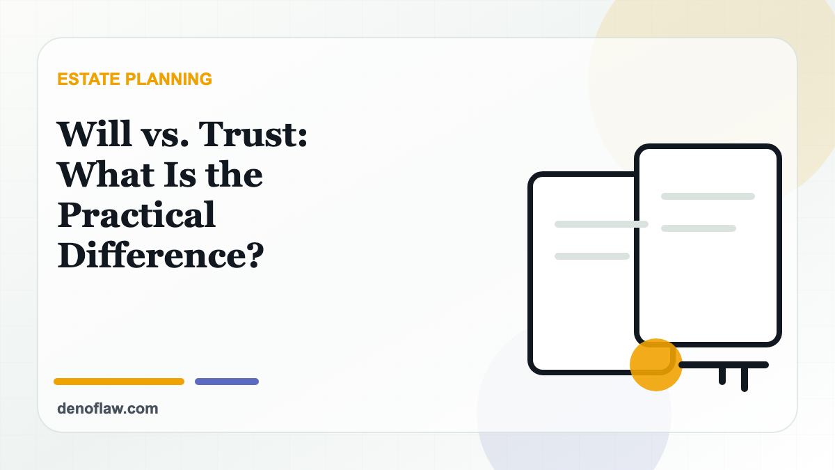 Estate planning documents and key illustration for a will versus trust guide.